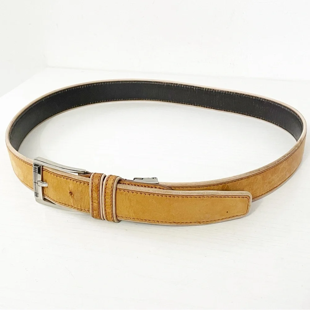 Burberry natural and brown leather silver buckle belt